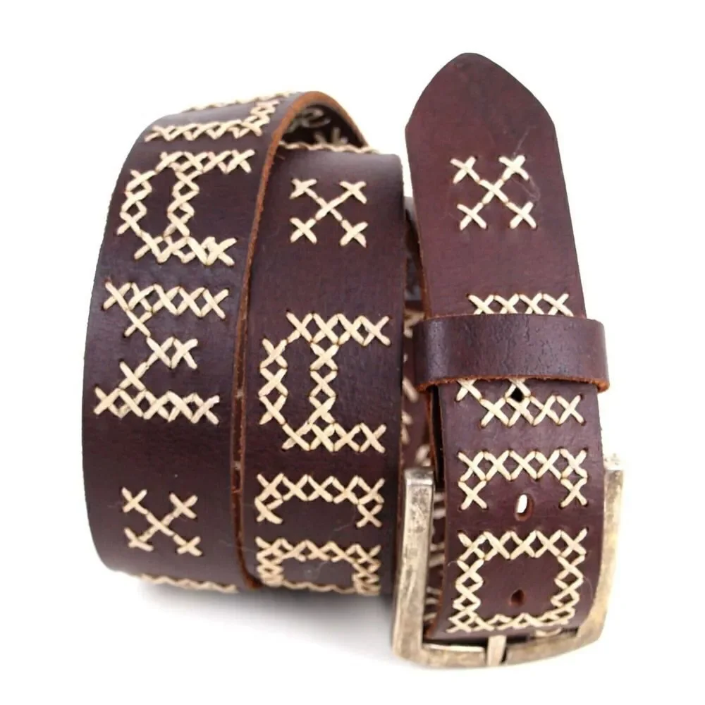 EMBROIDERED BROWN GENUINE LEATHER 1 3/8